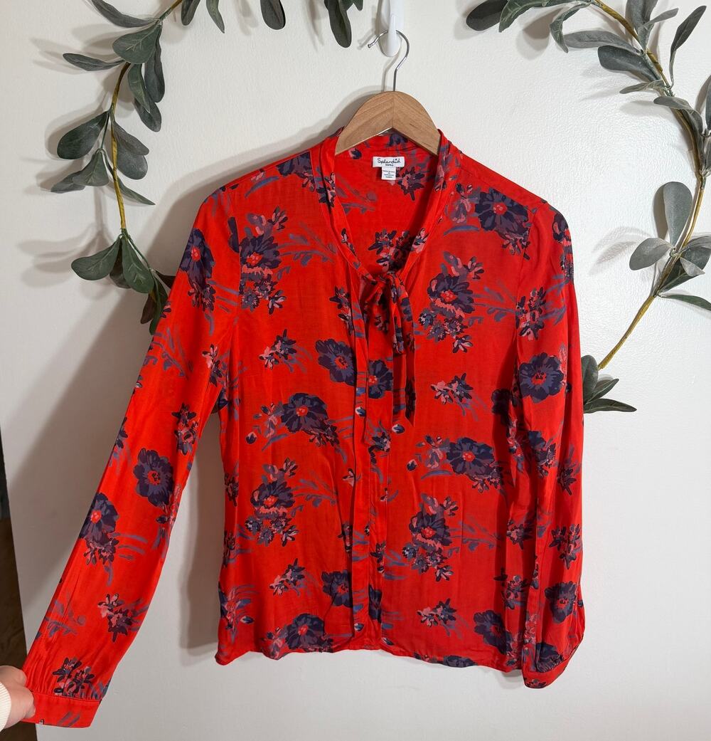 Splendid Red Floral Tie Neck Blouse LAST CALL